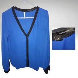 Herve Benard royal button front split back long sleeve w/ black trim sz S